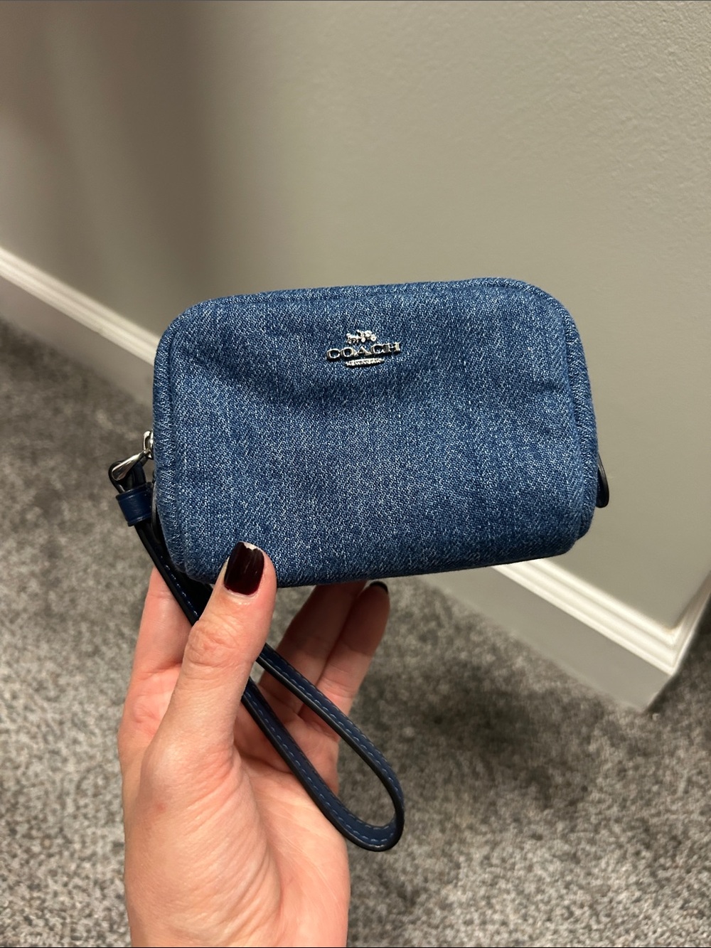 Coach Denim Wristlet in Blue with Silver Logo